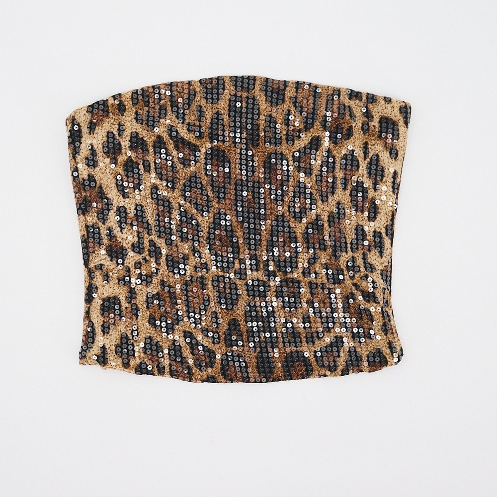 Unknown Brand Brown & Black Leopard Sequin Tube Top Cropped Zip Back